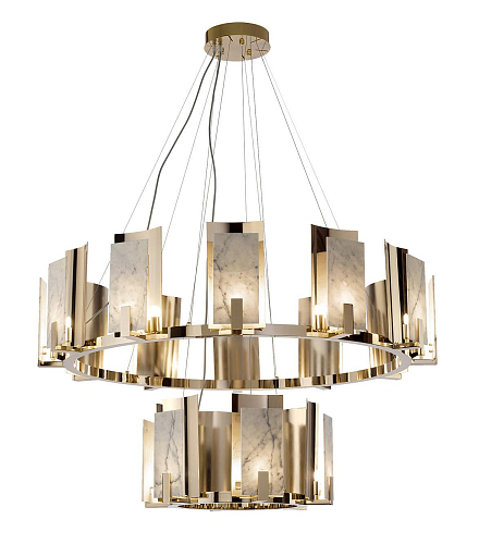 Lustre Redondo em Mármore Carrara com Acabamento Dourado