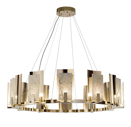 Lustre Redondo em Mármore Carrara com Acabamento Dourado