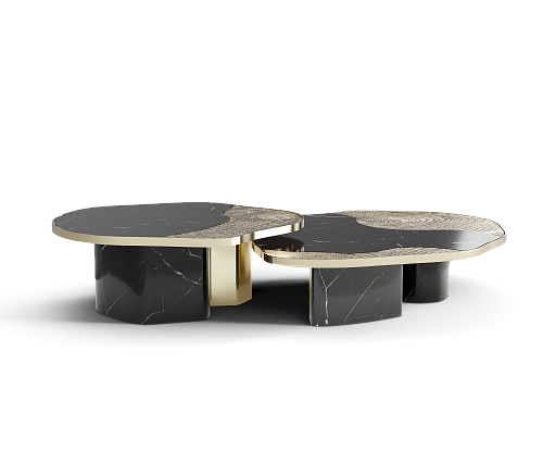 Conjunto de Mesas Athena Mármore Nero e Ouro